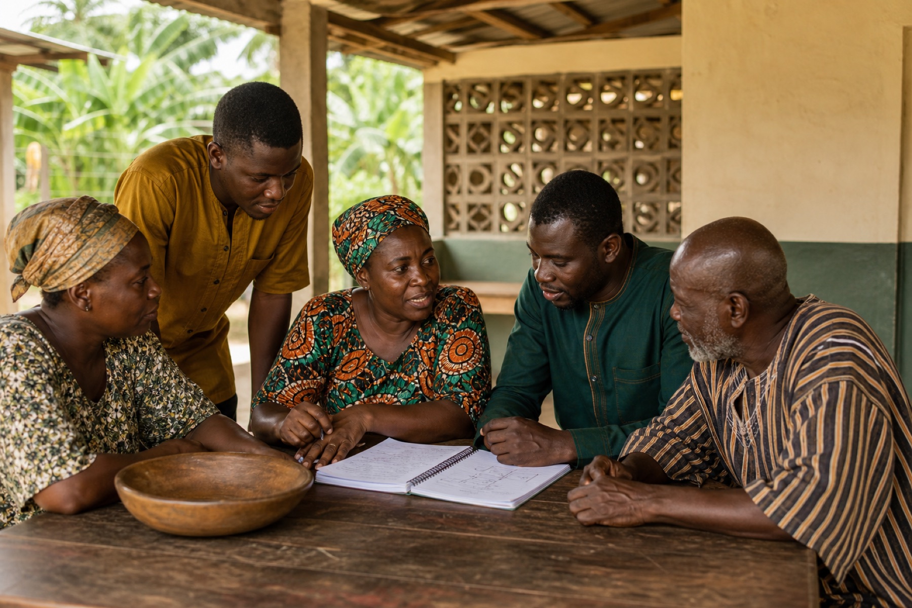 A Ghanaian community group planning a shared project together