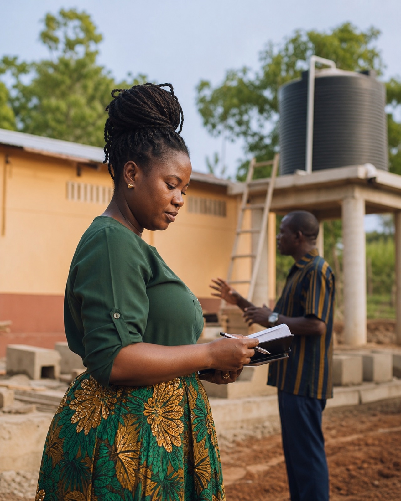 A Ghanaian project organizer recording progress at a community water site