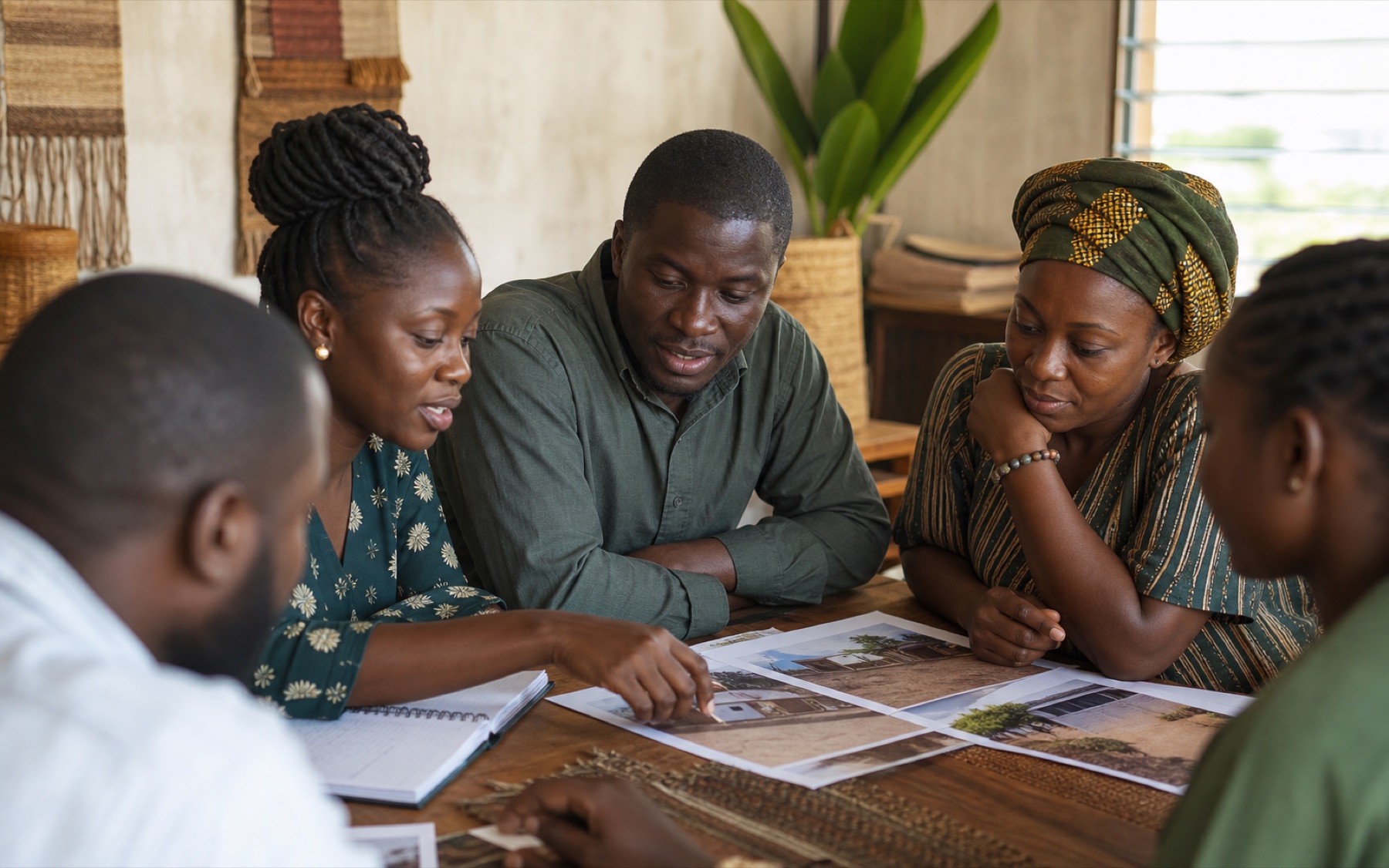Ghanaian community members reviewing photographs of project progress