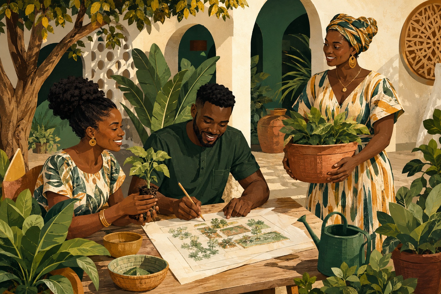 Illustration of neighbors planning a community garden in a Ghanaian courtyard