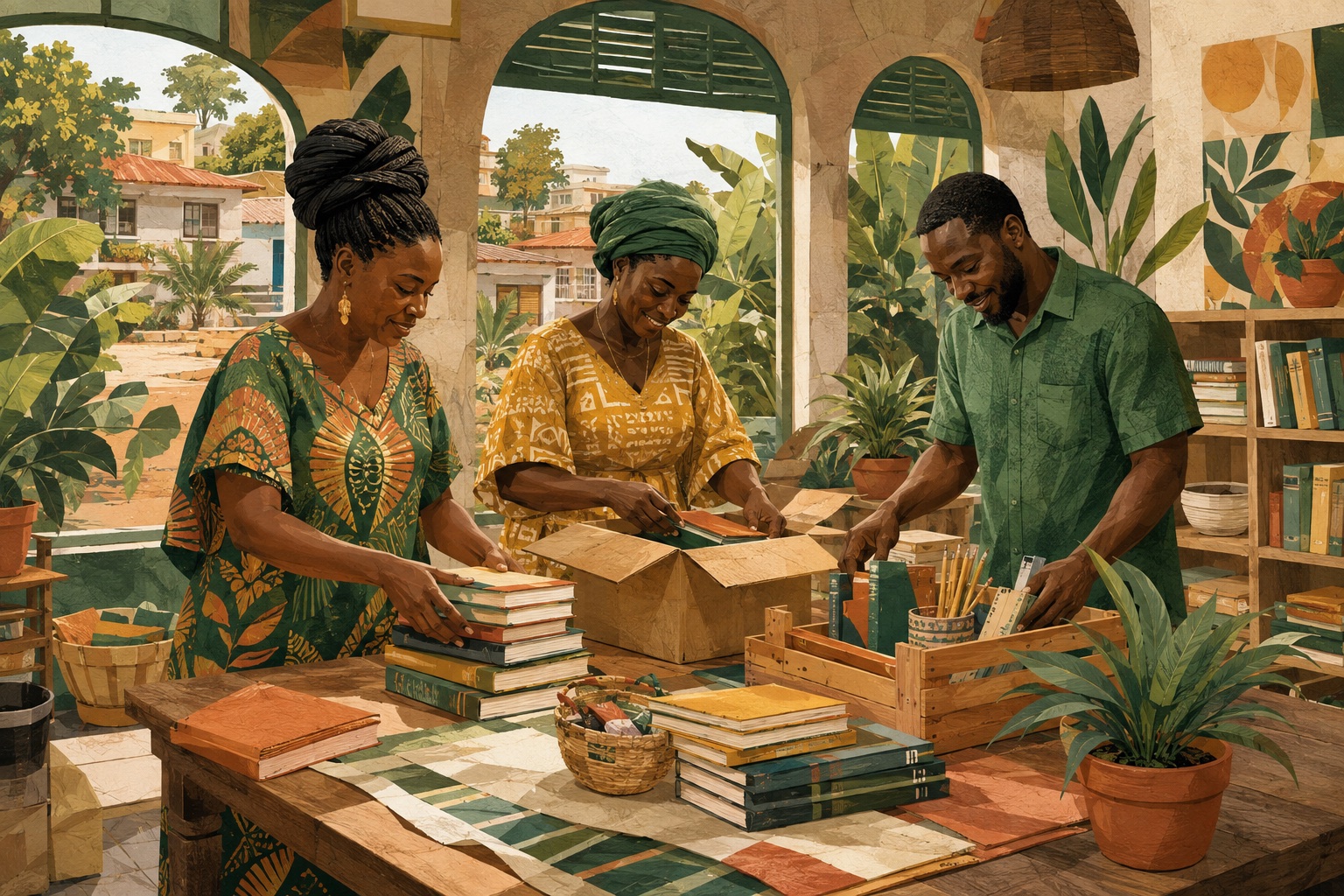 Illustration of a Ghanaian team arranging books and learning supplies together